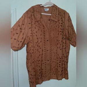 Vintage Uniqe Oure Linen Artsy Eyelet Button Shirt